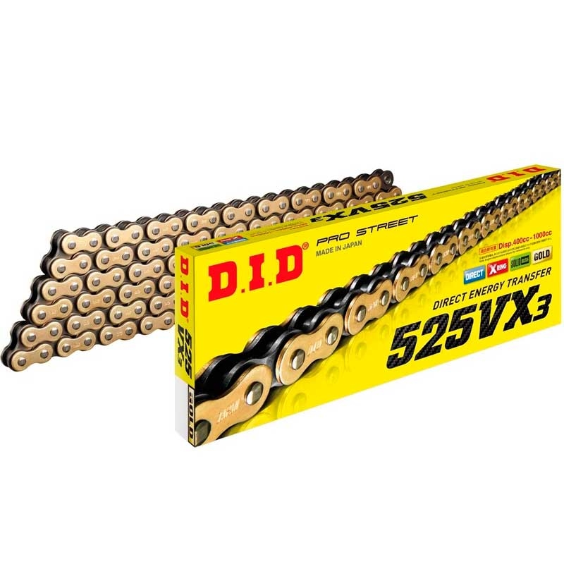 Did 525VX3 ZB 106 eslabones oro | Cadena DID para moto