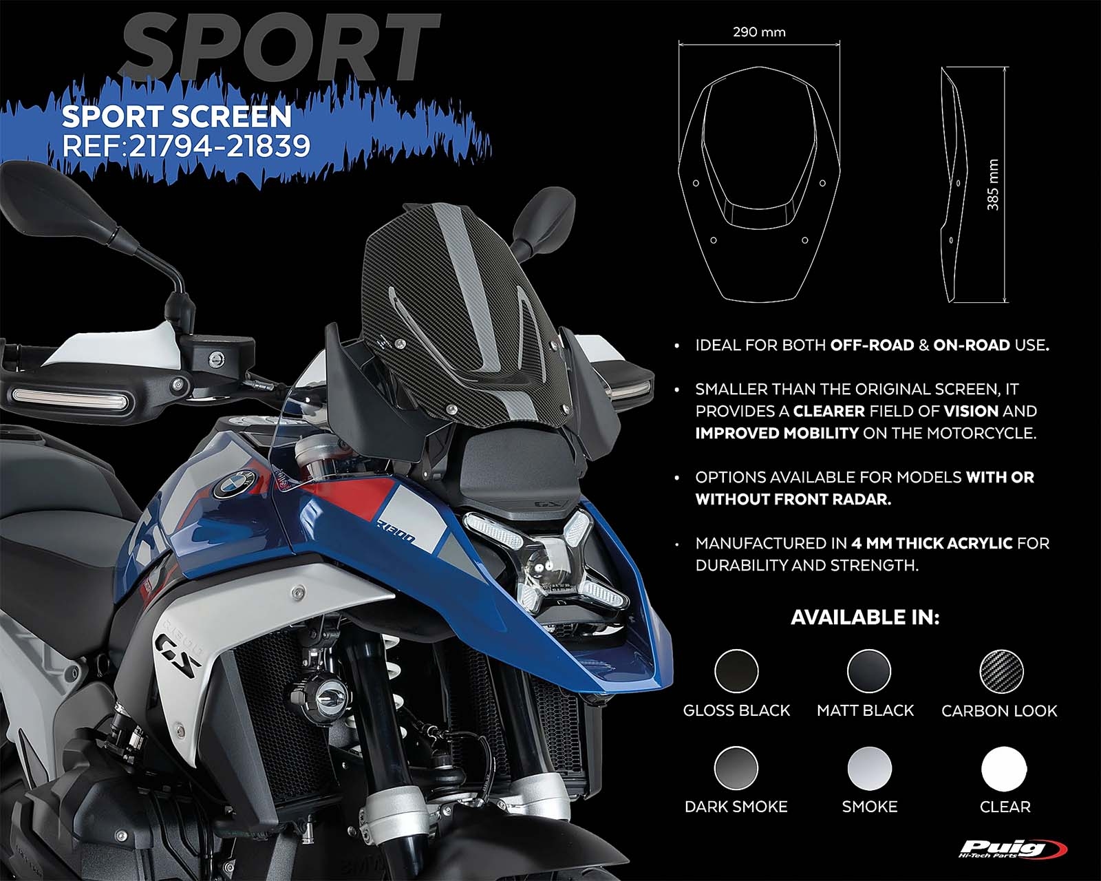Cúpula Puig 22540W Touring con visera BMW R1300GS 2024-2026 Transparente